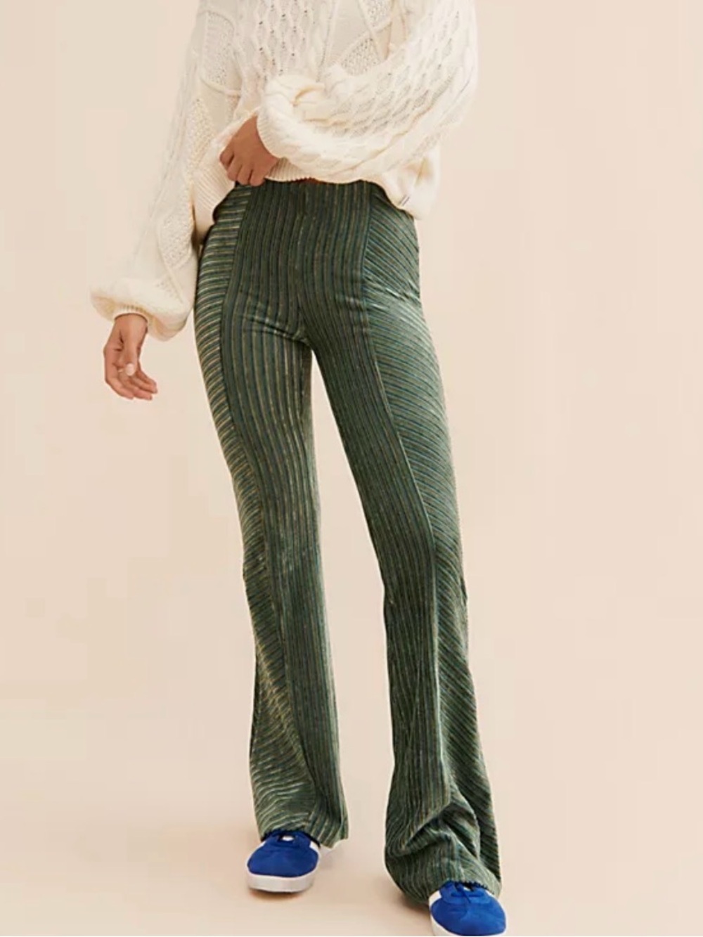 Free People Green Ribbed Velvet Flare Pants